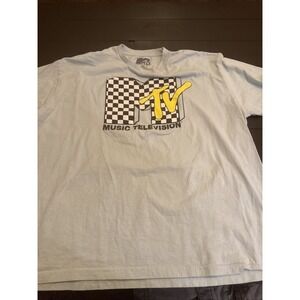 MTV Music Television Checkerboard Logo T Shirt Mens 2XL Light Blue Cotton